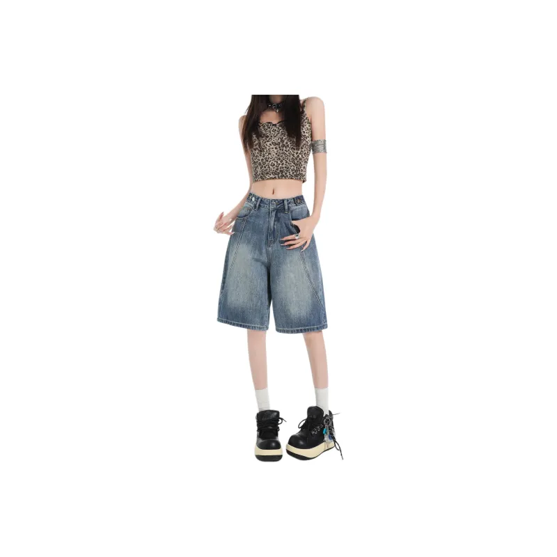 Wen Shan Denim Shorts Women's Vintage Blue Knee Length Pants-0