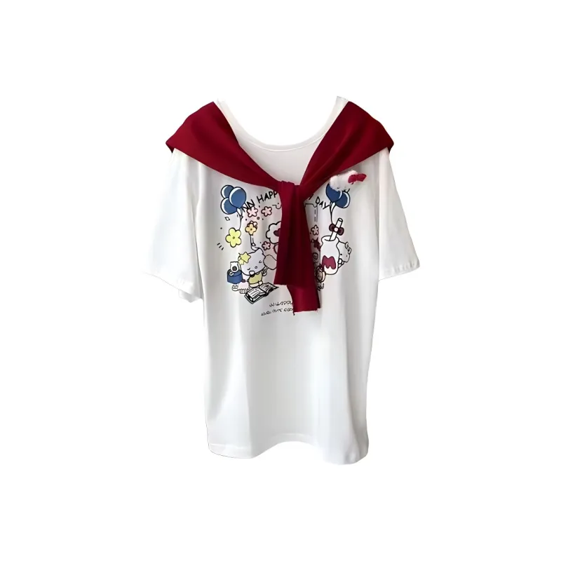 TENNE GIRL T Shirts Women's White T Shirt+Red Shawl-0