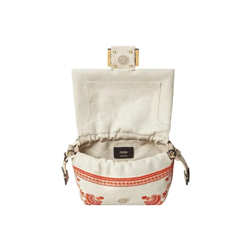 FENDI Baguette Canvas Shoulder Bag, Crossbody Bag, Handbag Trumpets Women's Beige & Red-2