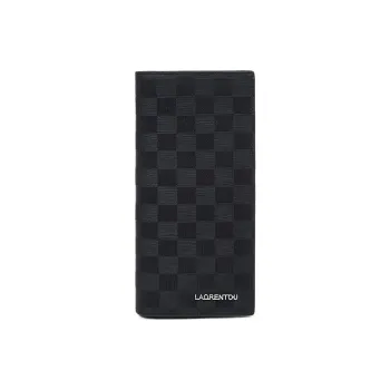 Old Man's Head Top Grain Cow Leather Wallet Men's Black Checkerboard