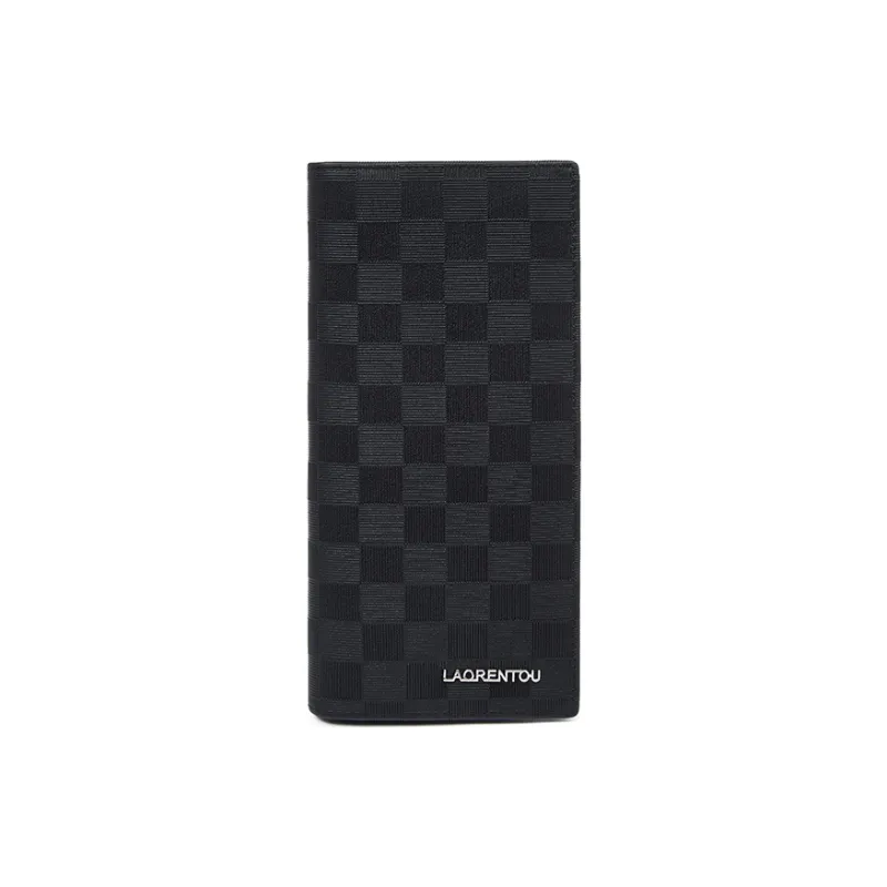 Old Man's Head Top Grain Cow Leather Wallet Men's Black Checkerboard-0