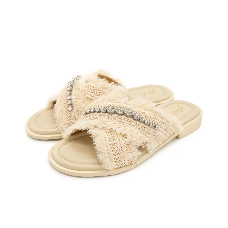 FED Rhinestone Slip Resistant Abrasion Resistant Slide Slippers Women's Beige-2