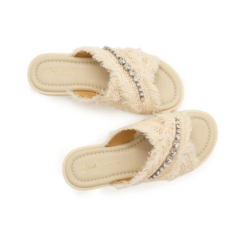 FED Rhinestone Slip Resistant Abrasion Resistant Slide Slippers Women's Beige-6