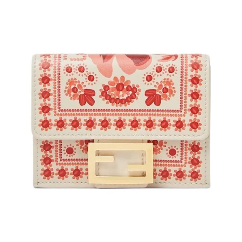 FENDI Baguette Calfskin Wallet Women's Beige & Red-0