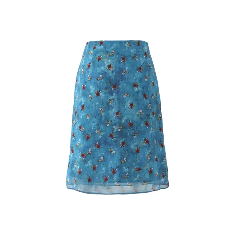 PVJ Casual Long Skirts Women's Y4308 Blue Floral Skirt-1