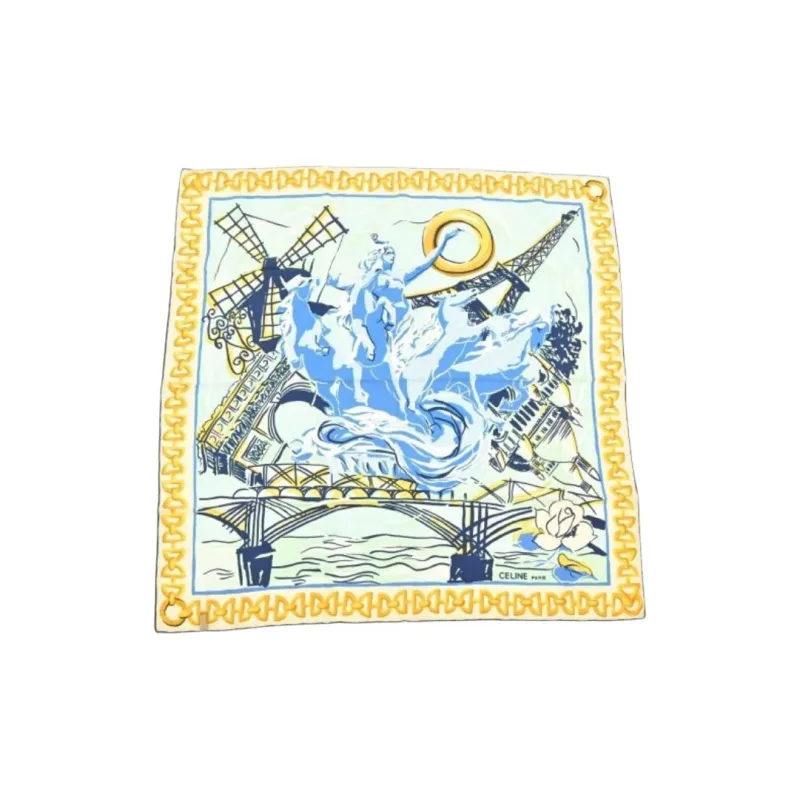 CELINE 100% Silk Scarves Women's Blue-0