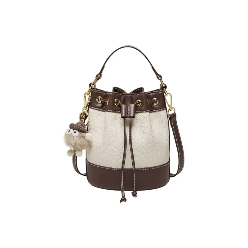 Narandu Cow Leather Bucket Bags One Shoulder Handbags Mini Women's Ecru & Coffee-1