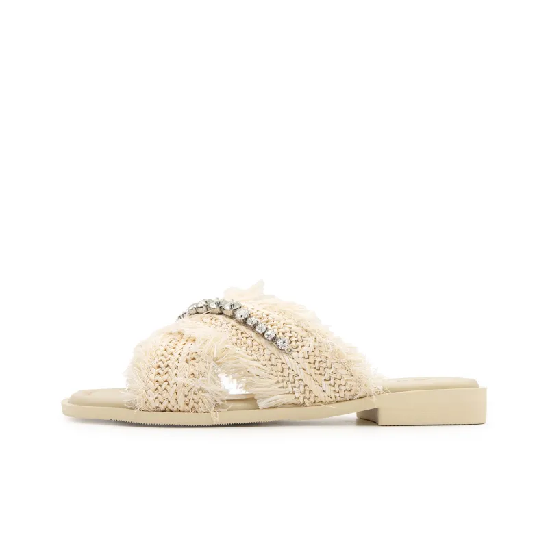 FED Rhinestone Slip Resistant Abrasion Resistant Slide Slippers Women's Beige-0