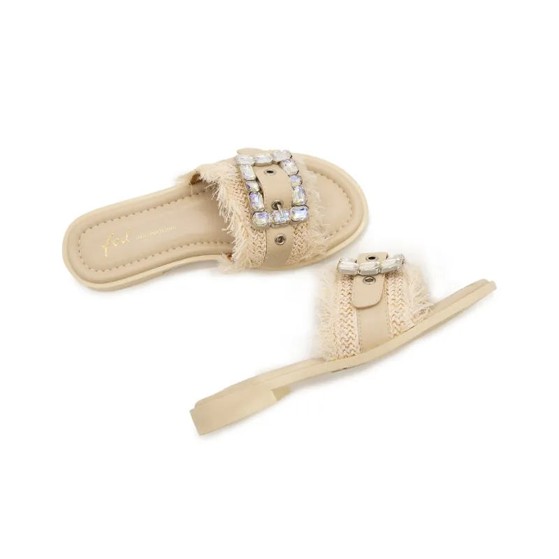 FED Rubber Sole Rhinestone Slide Slippers Women's Beige-5