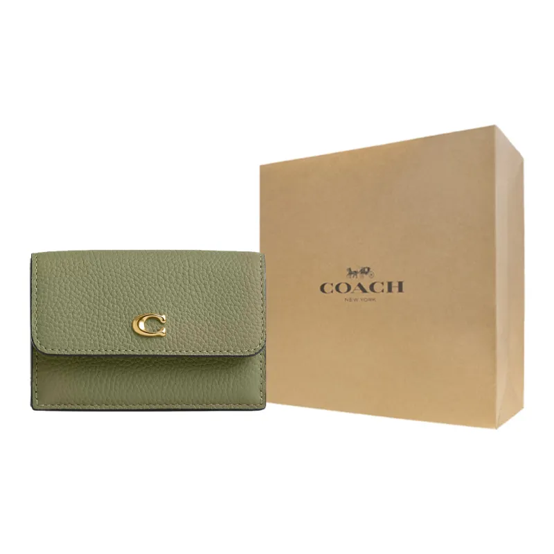 COACH Trifold Wallet Pebble Leather Wallet Mini Women's Brass And Moss-6