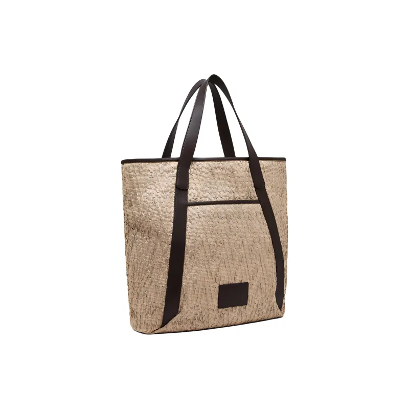 AMANI Straw Woven With Calfskin Shopping Bag Handbag Women's Beige-1