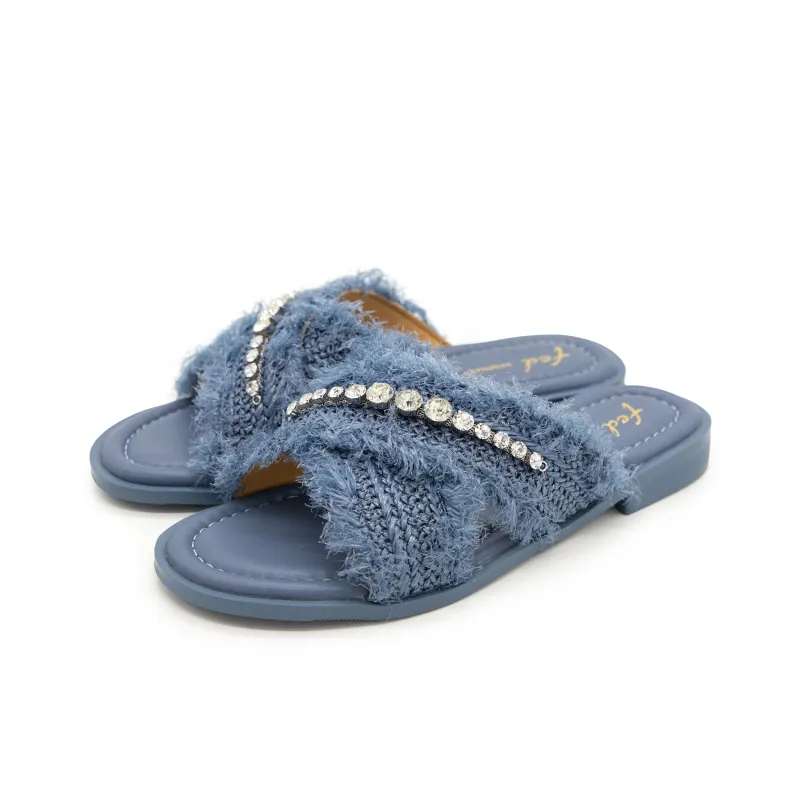 FED Rhinestone Slip Resistant Abrasion Resistant Slide Slippers Women's Blue-2