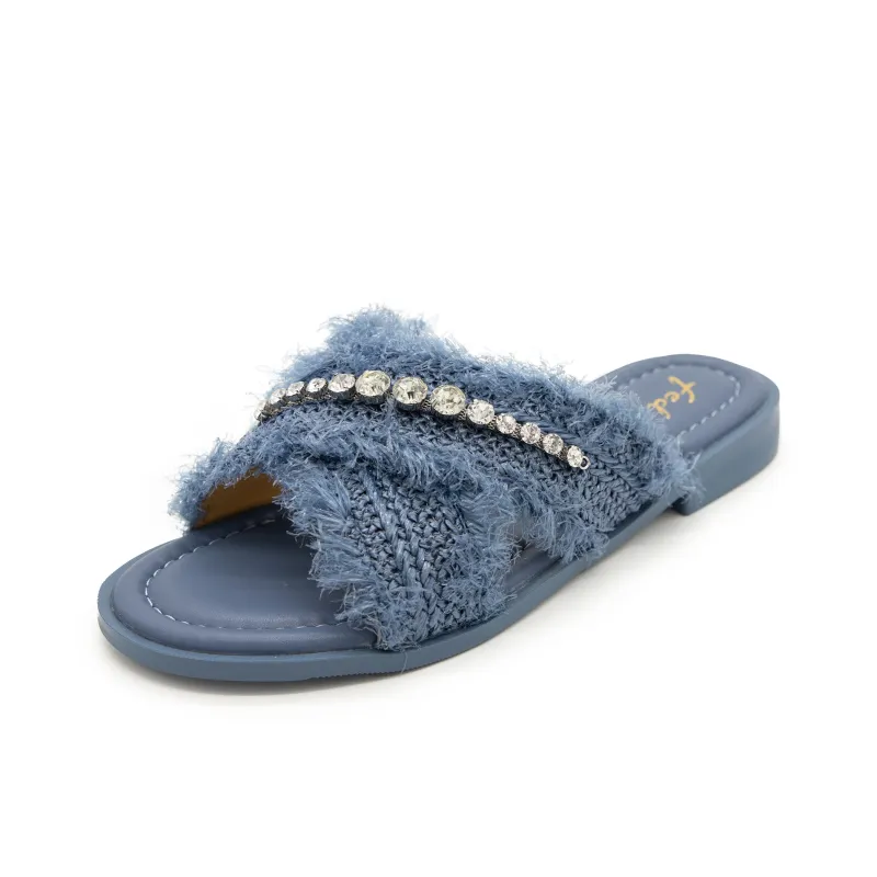 FED Rhinestone Slip Resistant Abrasion Resistant Slide Slippers Women's Blue-1