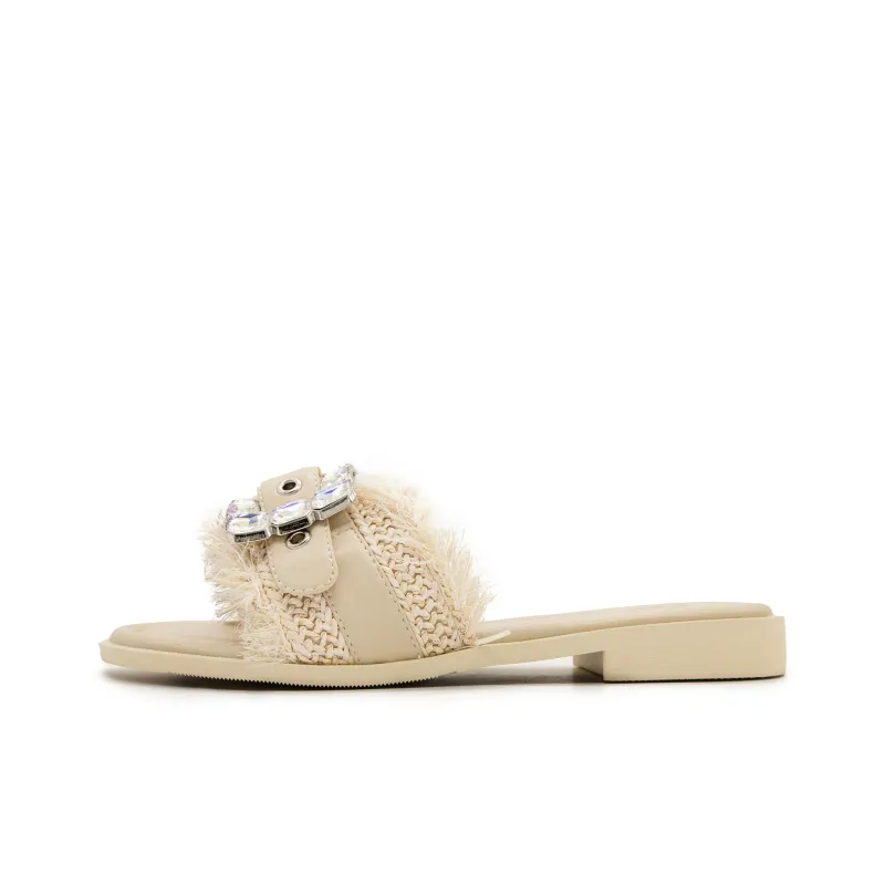 FED Rubber Sole Rhinestone Slide Slippers Women's Beige-0