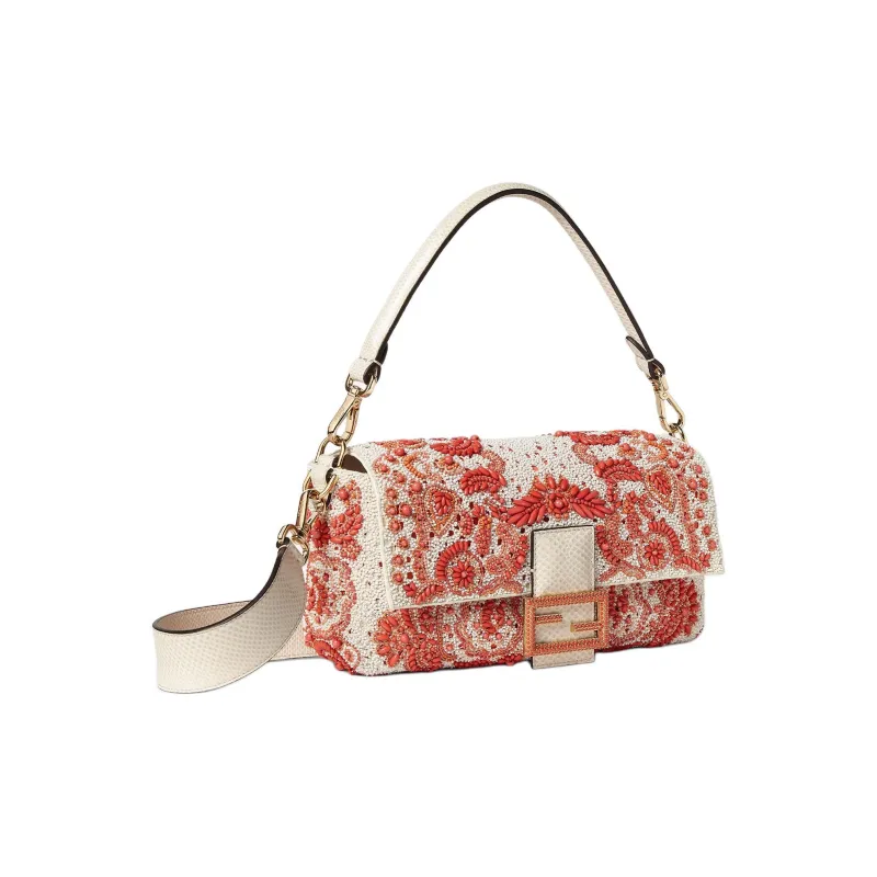 FENDI Baguette Lace Fabric One Shoulder Handbag Medium Size Women's Red-1