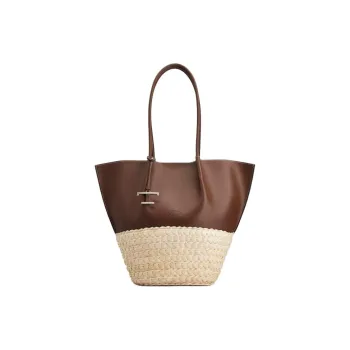 TOD'S Calfskin Tote Bag, Shopping Bag, Handbag, Shoulder Bag Medium Size Women's Brown & Natural