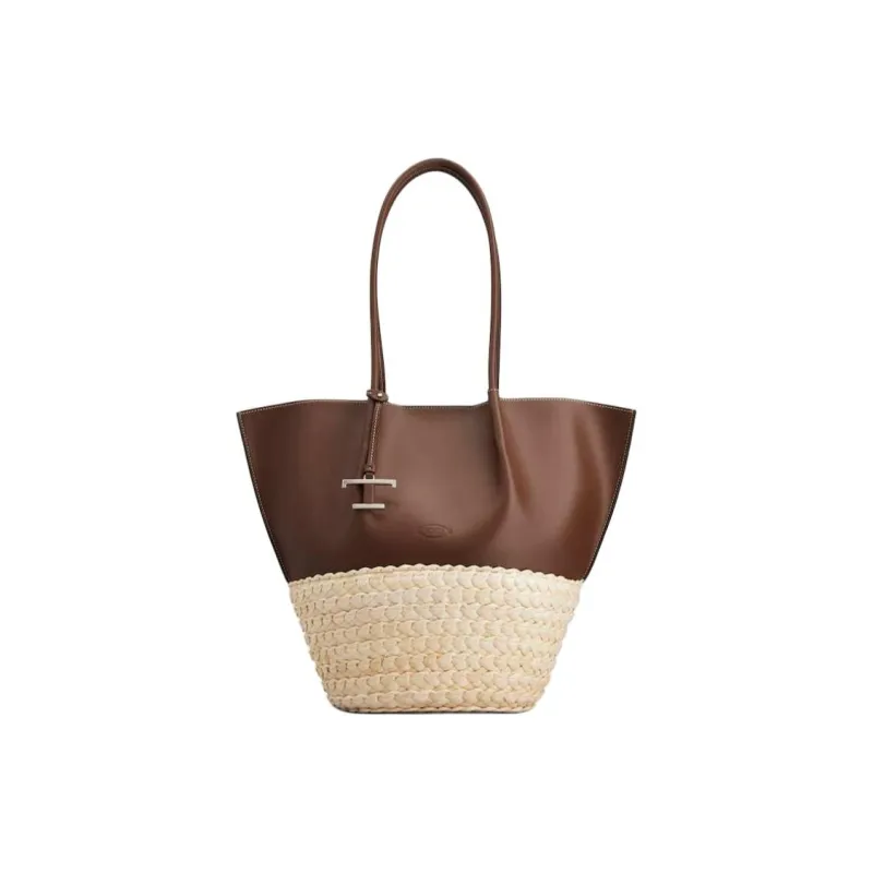 TOD'S Calfskin Tote Bag, Shopping Bag, Handbag, Shoulder Bag Medium Size Women's Brown & Natural-0