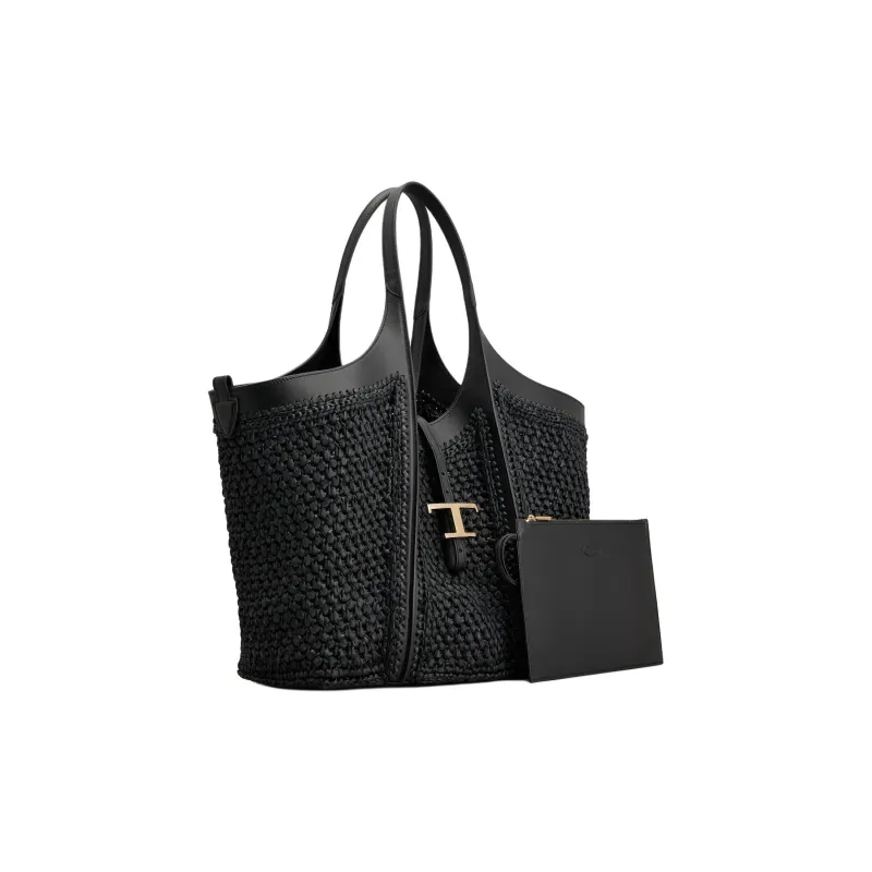 TOD'S T Timeless Raffia Tote Bag, Shopping Bag, Shoulder Bag, Crossbody Bag, Handbag Medium Size Women's Black-1