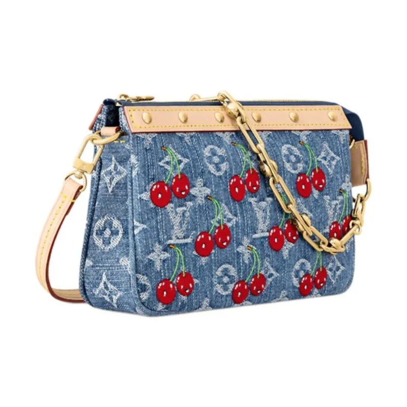 LOUIS VUITTON Takashi Murakami Collaboration POCHETTE ACCESSOIRES Monogram Cherry Denim Handbag Women's Blue-1
