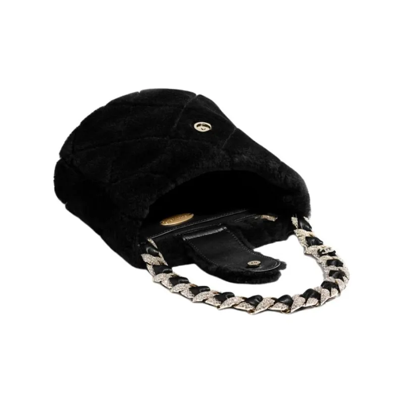 CHANEL Sheepskin Grass And Gold Metal Handbag Bucket Bag Women's Black-2