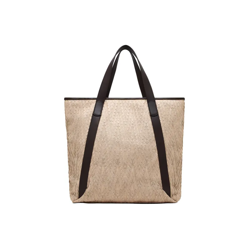 AMANI Straw Woven With Calfskin Shopping Bag Handbag Women's Beige-2