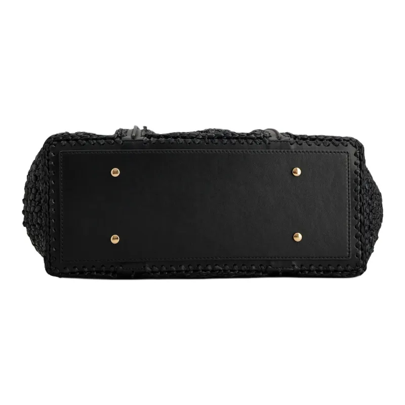 TOD'S T Timeless Raffia Tote Bag, Shopping Bag, Shoulder Bag, Crossbody Bag, Handbag Medium Size Women's Black-2