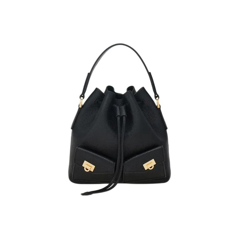 FERRAGAMO Hug Hammered Texture Calfskin Bucket Bag Handbag Women's Black-0