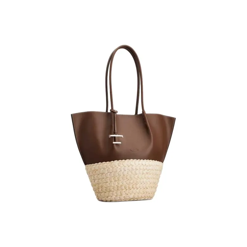 TOD'S Calfskin Tote Bag, Shopping Bag, Handbag, Shoulder Bag Medium Size Women's Brown & Natural-1