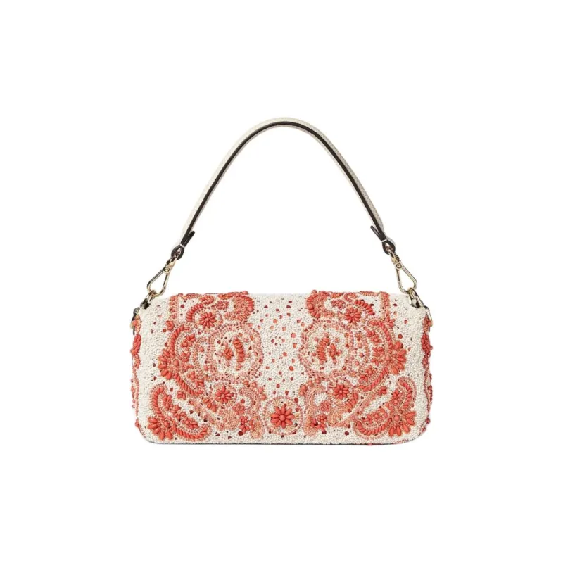 FENDI Baguette Lace Fabric One Shoulder Handbag Medium Size Women's Red-2