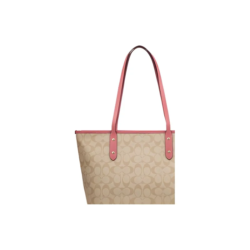 COACH City Zip Tote Canvas Tote Bag, Shopping Bag, Shoulder Bag, Handbag Women's Light Khaki & Vintage Pink-3