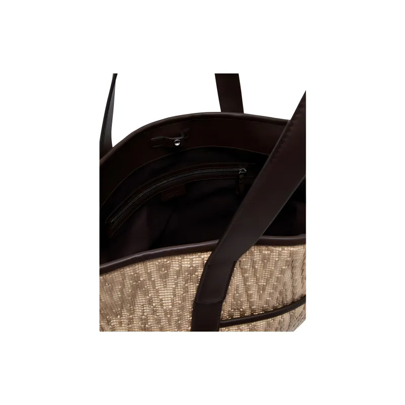 AMANI Straw Woven With Calfskin Shopping Bag Handbag Women's Beige-3