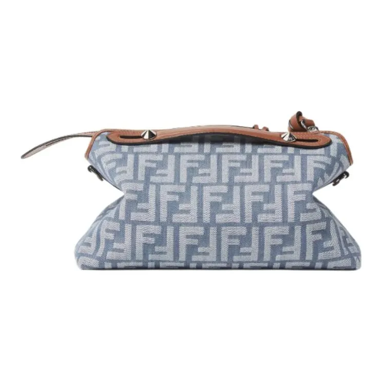 FENDI Jacquard Fabric With Calfskin Shoulder Bag, Crossbody Bag, Handbag Medium Size Women's Blue-3