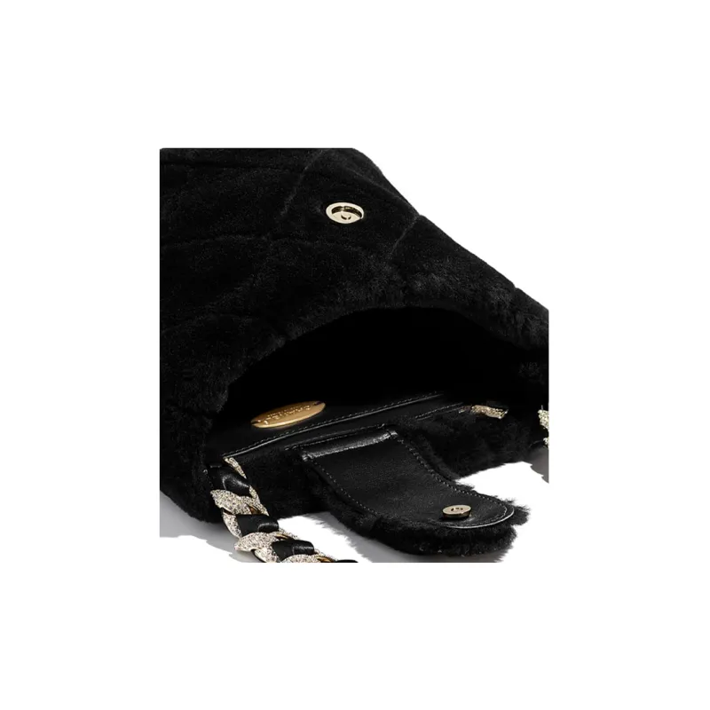 CHANEL Sheepskin Grass And Gold Metal Handbag Bucket Bag Women's Black-3
