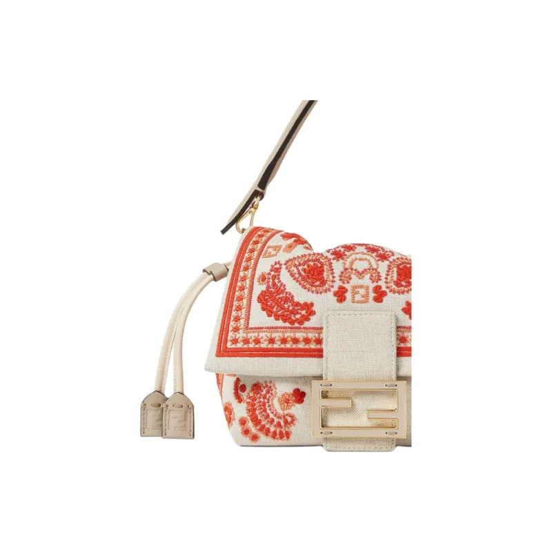 FENDI Baguette Canvas Shoulder Bag, Crossbody Bag, Handbag Trumpets Women's Beige & Red-4
