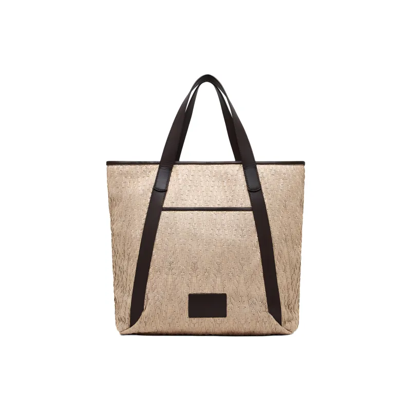 AMANI Straw Woven With Calfskin Shopping Bag Handbag Women's Beige-0