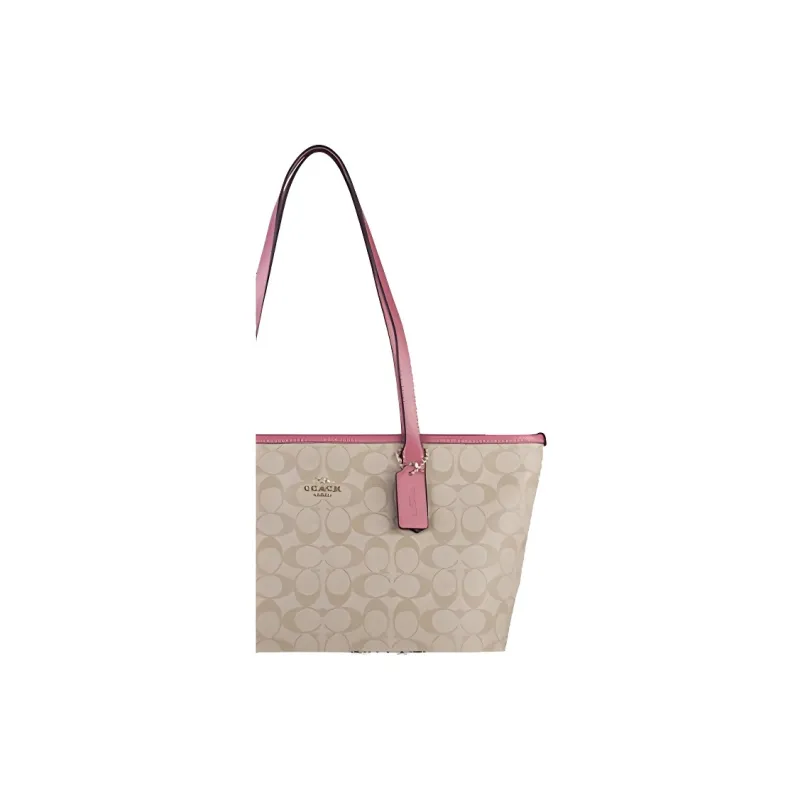 COACH City Zip Tote Canvas Tote Bag, Shopping Bag, Shoulder Bag, Handbag Women's Light Khaki & Vintage Pink-2