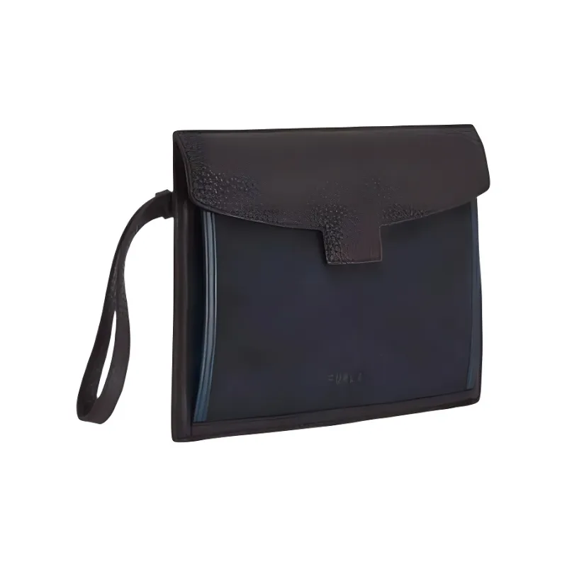 Furla Cow Leather Patchwork Suede Clutch Men's Black-1