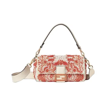 FENDI Baguette Lace Fabric One Shoulder Handbag Medium Size Women's Red