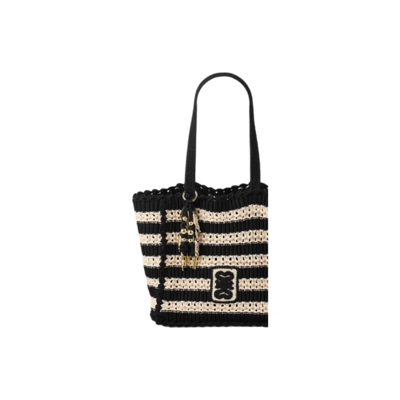 Sandro Fabric Tote Bag, Shopping Bag, Handbag, Shoulder Bag Medium Size Women's Black White-2