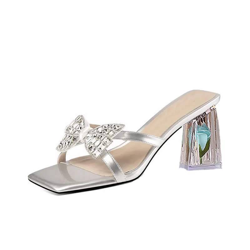 Puppytown Rubber Sole Rhinestone Slip Resistant Abrasion Resistant Slide Slippers Women's Silver-0