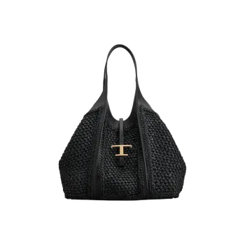 TOD'S T Timeless Raffia Tote Bag, Shopping Bag, Shoulder Bag, Crossbody Bag, Handbag Medium Size Women's Black