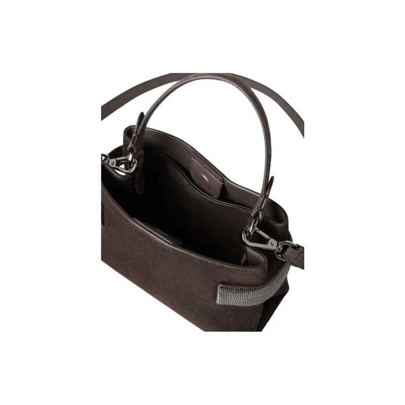 Brunello Cucinelli Genuine Leather One Shoulder Handbag Trumpets Women's Pinecone Brown-3