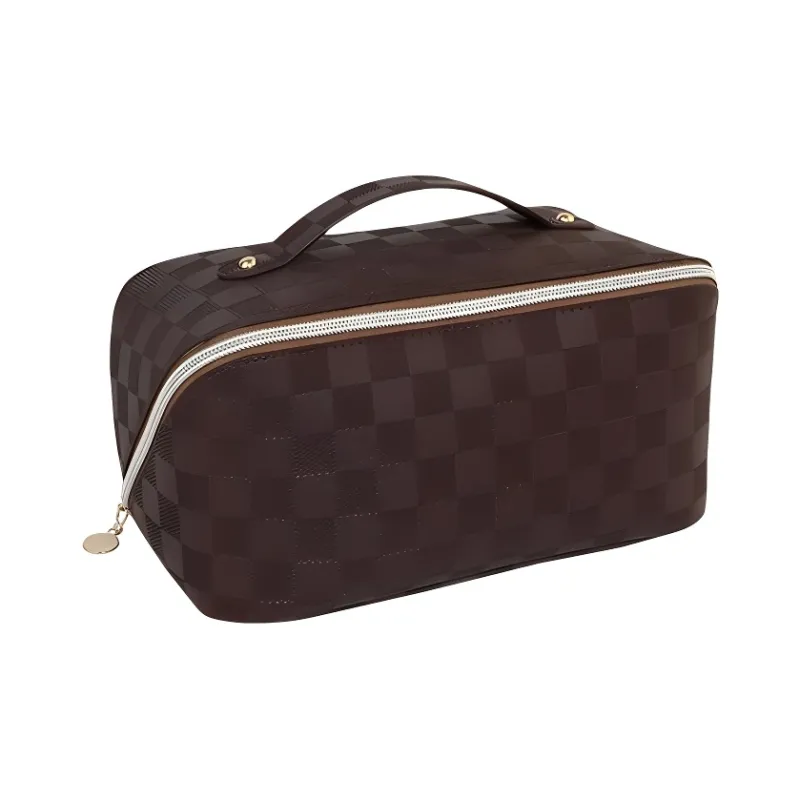 ZHIYIN Brown Portable Plaid Storage Bag Large Capacity Travel Portable Skincare Storage Bag Make up Tools-0