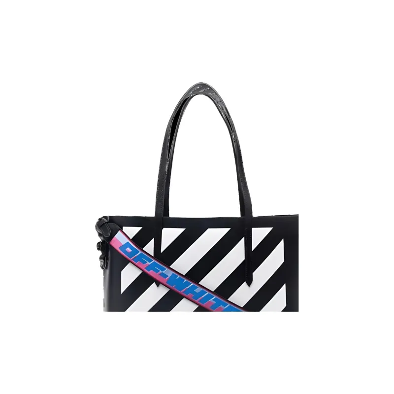 OFF WHITE Genuine Leather Tote Bag, Shopping Bag, One Shoulder Handbag Medium Size Women's Black White-4