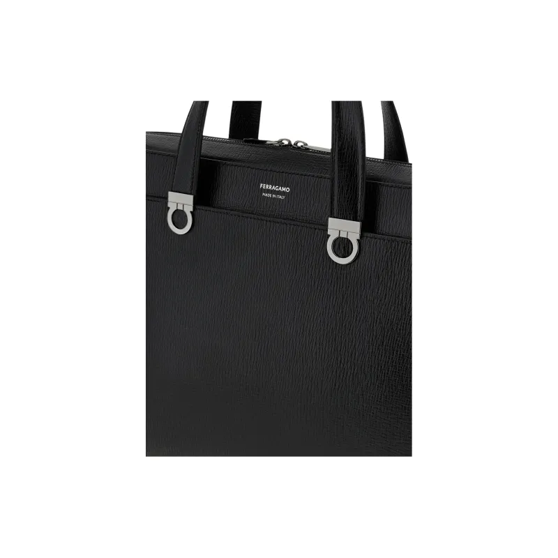 FERRAGAMO GANCINI Hammered Texture Calfskin Briefcase Men's Black-4
