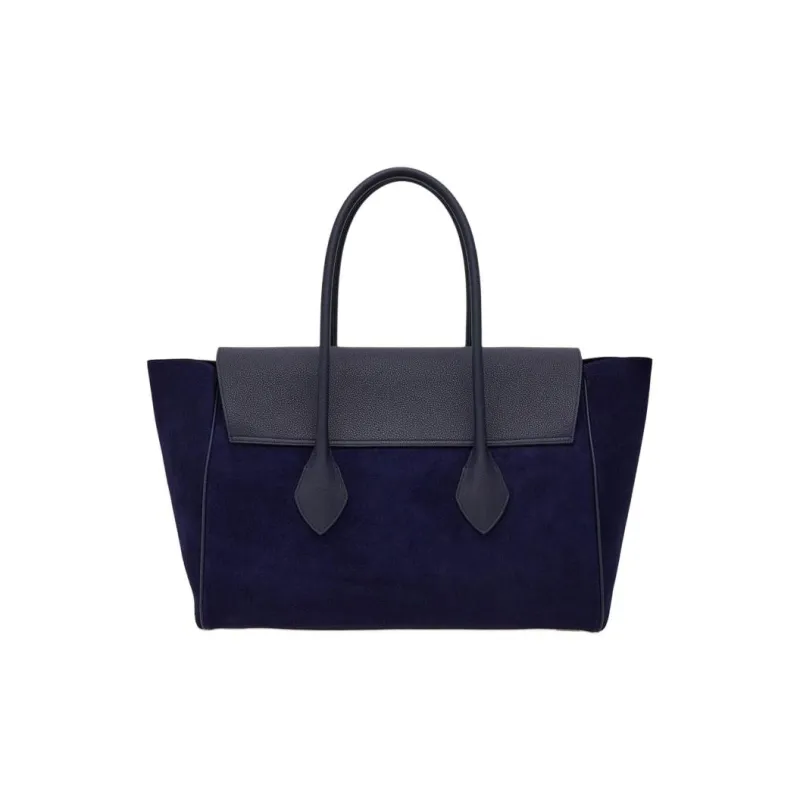 FERRAGAMO Calfskin Suede With Hammered Texture Leather Tote Bag, Shopping Bag, Handbag Tubas Unisex Midnight Blue-2