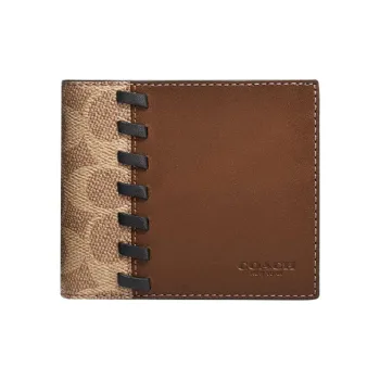 COACH 3 IN 1 Wallet Canvas Patchwork Glove Leather Wallet Mini Men's Tan