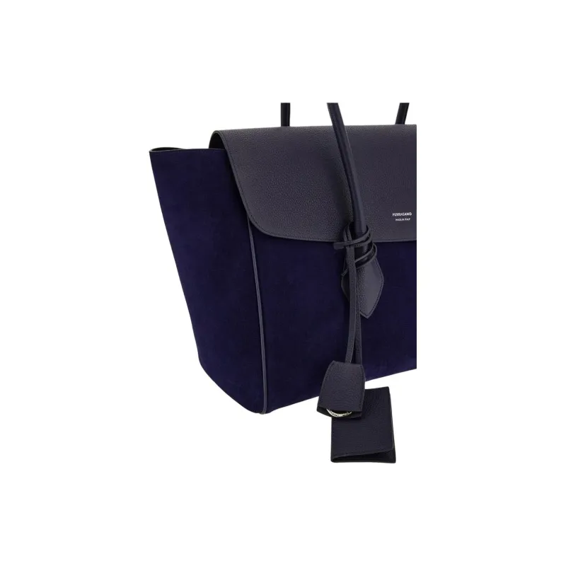 FERRAGAMO Calfskin Suede With Hammered Texture Leather Tote Bag, Shopping Bag, Handbag Tubas Unisex Midnight Blue-3
