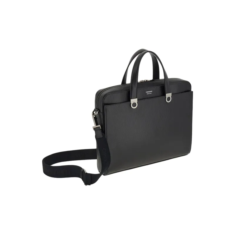 FERRAGAMO GANCINI Hammered Texture Calfskin Briefcase Men's Black-3