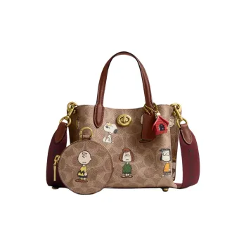 COACH PEANUTS Collaboration Willow Leather Tote Bag, Shopping Bag, Shoulder Bag, Handbag Trumpets Women's Brown